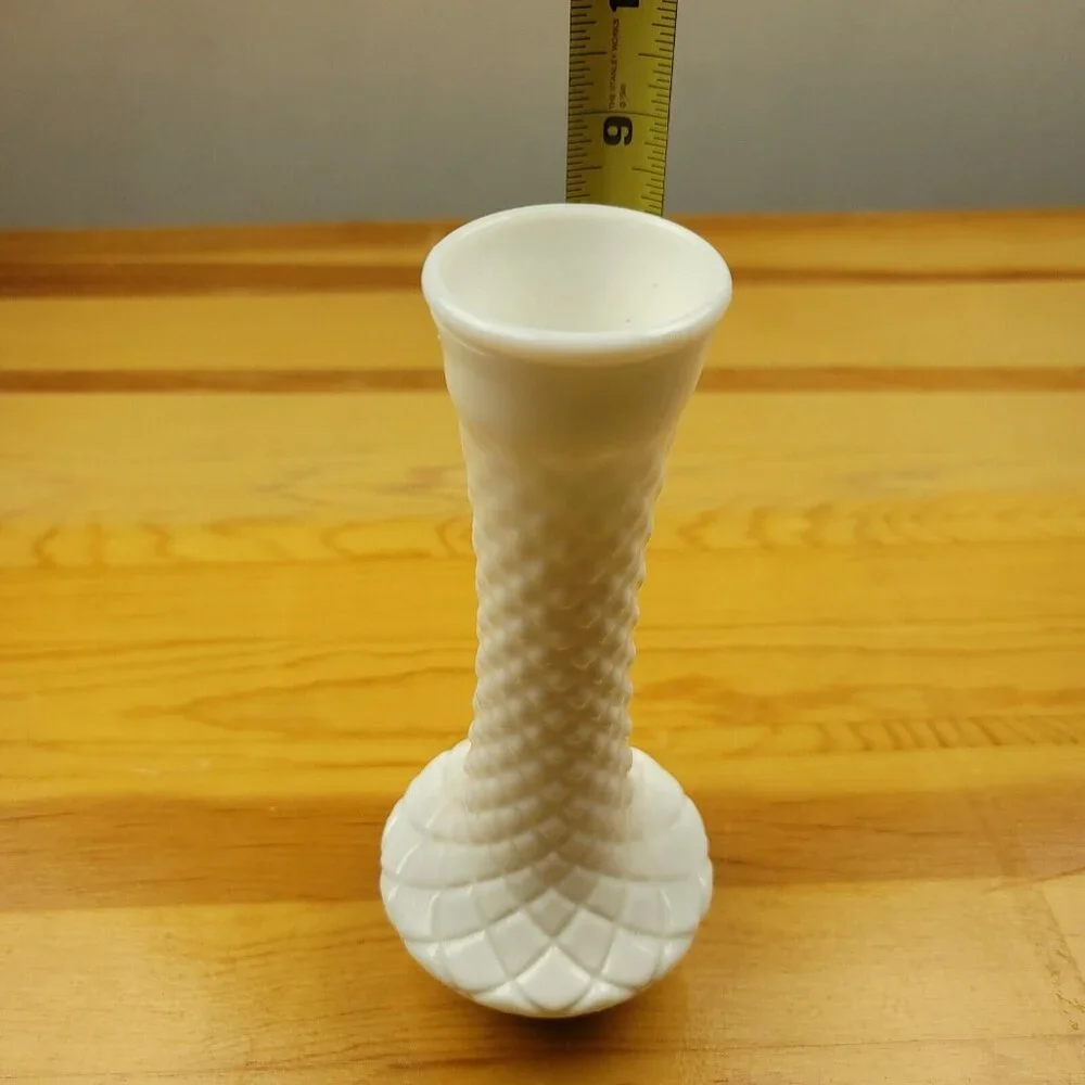 Vintage Loeffler Randall Cross Hatched Milk‎ Glass Bud Vase Mid-Century Hobnail